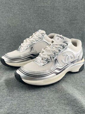 Chanel Metallic Silver Mesh Interlocking CC Logo Trainer Shoes